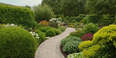 Vibrant multicolored flowers and lush greenery line a winding pathway through a serene and beautifully landscaped garden oasis landscape.