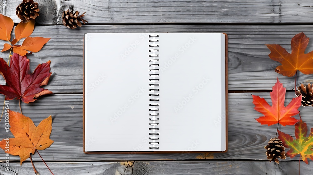 Poster igh angle shot create an image with a notebook lying open on a wooden surface, showcasing a clean wh