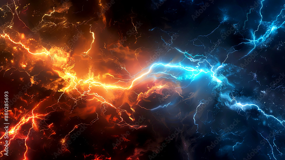 Wall mural clashing blue and red lightning bolts isolated on a black background