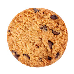 Chocolate chip cookie isolated on white background. Cookie with chocolate pieces top view. Flat lay.