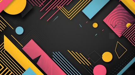 Vibrant Geometric Shapes in Dynamic Minimal Modern Composition on Black Abstract Background