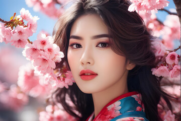 Fototapeta premium A woman is standing in front of a tree with pink flowers