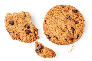 Collection of  Chocolate chip cookies isolated on white background. Cookies with chocolate pieces top view. Flat lay