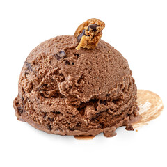 Scoop of chocolate ice-cream with pieces of dark chocolate drops and chip cookies closeup. Summer dessert .