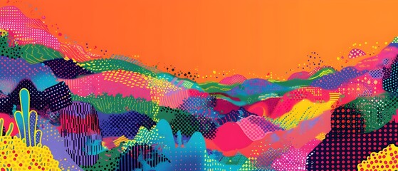 Vibrant Cyber Monday Doodle Border Design with Glitched Pixel Art Landscape