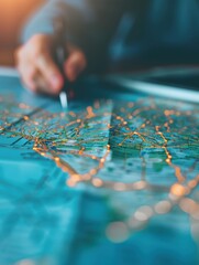 Travel manager plans seasonal drop schedules for transportation network, maximizing logistics efficiency with copy space, covering all objects with deep depth of field.