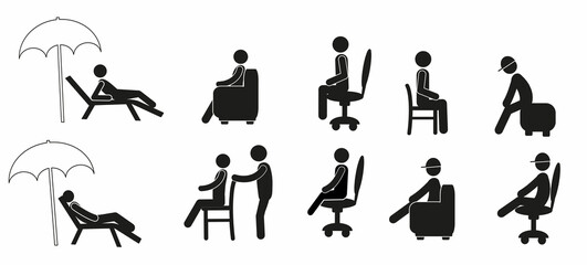 a pictogram of a human figure in different poses, a person sitting on a chair, on an armchair, on a computer chair, resting on a chaise longue