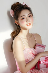 Stylish young fashionable Asian woman in a stunning pink dress, trendy makeup with light shining through a slit on her, posing with giftboxes on an isolated white background.