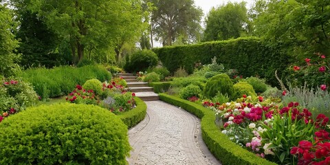 Panoramic view of a lush green garden with blooming flowers winding pathways 189
