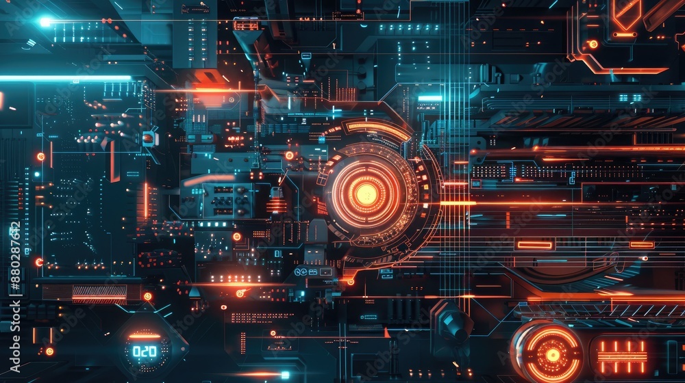 Poster futuristic tech elements with sleek lines and glowing effects.