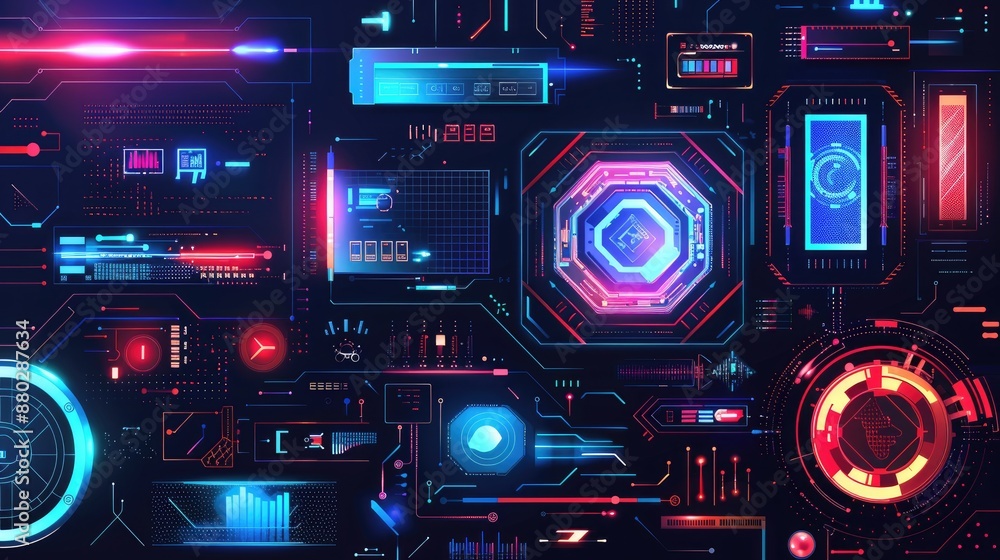 Poster futuristic tech elements with sleek lines and glowing effects.