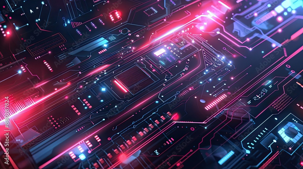 Poster futuristic tech elements with sleek lines and glowing effects.