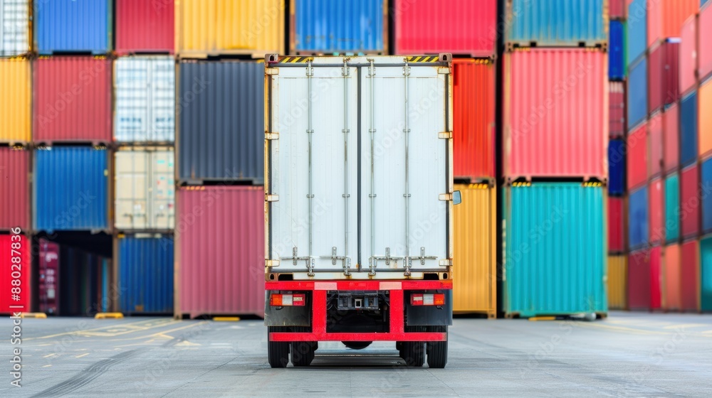 Poster cargo truck with containers at port, efficient handling, copy space, focus on objects, deep depth of