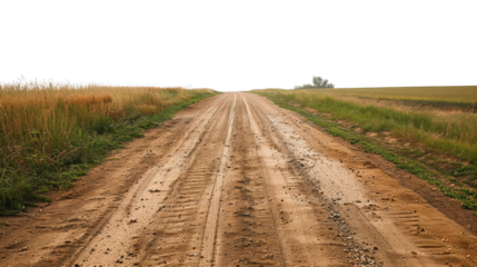 Scenic dirt road winding through a green countryside landscape with rolling hills and trees under a clear sky.