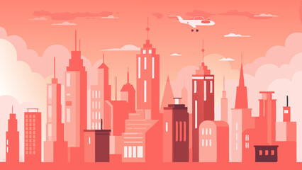 Drone view of many high buildings in a city at night, vector art illustration