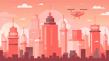 Drone view of many high buildings in a city at night, vector art illustration