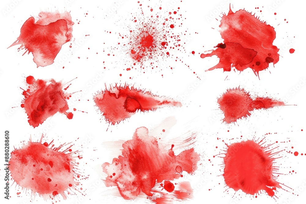 Poster A close-up shot of bright red paint splatters on a clean white surface, great for creative projects or adding color to a design