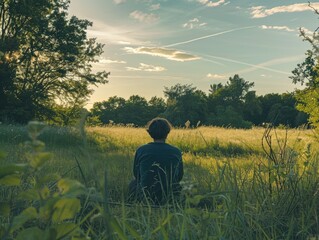 Fototapeta premium A person sitting in a field of tall grass