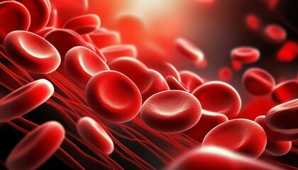 Fototapeta premium Microscopic Enlargement of Blood Cells - Blood Cell flowing through Human Body, Organ or Artery - Red Blood Cells in Lifeforms - Health, Anatomy, Organisms, Medication in Science and Biology