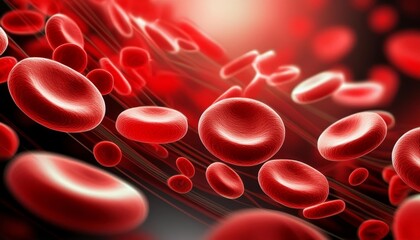 Fototapeta premium Microscopic Enlargement of Blood Cells - Blood Cell flowing through Human Body, Organ or Artery - Red Blood Cells in Lifeforms - Health, Anatomy, Organisms, Medication in Science and Biology