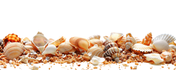 Collection of assorted seashells and a starfish on sandy beach background, for summer and seaside-themed