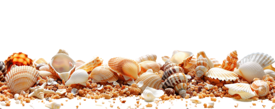 Collection of assorted seashells and a starfish on sandy beach background, for summer and seaside-themed