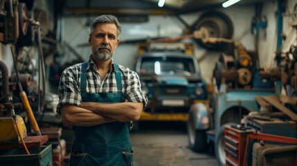 Fototapeta premium Confident Mechanic in Garage with Crossed Arms Surrounded by Tools and Cars
