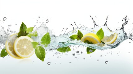 Water splash with fresh lemon slices, mint leaves, and ice cubes on white background – refreshing citrus beverage concept for summer drinks and hydration


