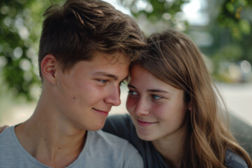 Close-up of a young couple smiling at each other warmly
