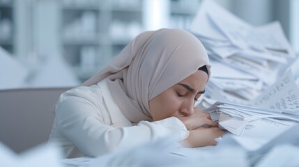 Back view of a middle-aged Muslim woman in hijab, sighing with fatigue as she leans over her desk cluttered with paperwork.