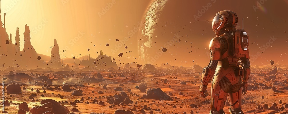 Poster a robot exploring a desolate alien world.