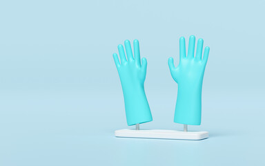 Obraz premium 3d rubber gloves cleaning isolated on blue background. cleaning equipment, 3d illustration render