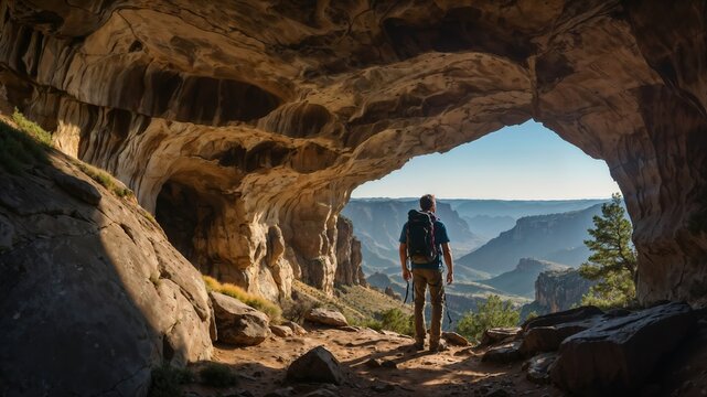 A man stands in a cave with a backpack on