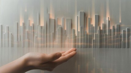 Financial data with a hand holding a holographic display of colorful charts and graphs The scene features dynamic bar graphs and line charts
