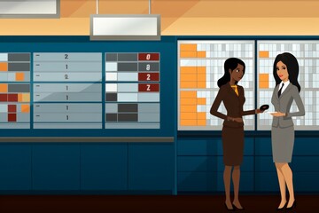Two female business professionals discussing work in modern office with large screens displaying data, one woman hold tablet while other points at screen, indicating focused anteractive work.