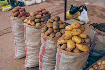 A pile of potatoes is displayed in bags on the ground