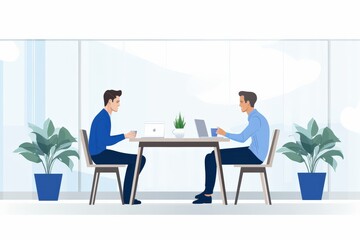 Two men having productive business meeting in bright, modern office, both use laptops drink coffee, sitting across from each other with potted plant in between, collaboration, professional atmosphere.