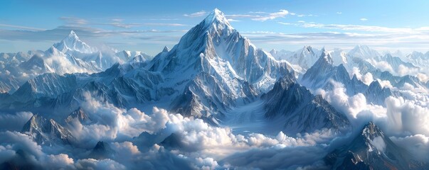 A snow-capped mountain peak piercing the clouds, its slopes covered in a blanket of fresh snow.