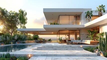 Fototapeta premium Modern Luxury Villa with a Pool and Stunning Sunset Views
