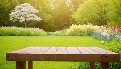 Fototapeta premium Backdrop of a woolly greenhouse with an unoccupied wooden table with a big copy space,154