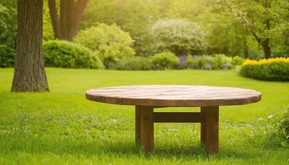 Backdrop of a woolly greenhouse with an unoccupied wooden table with  a big copy space,154