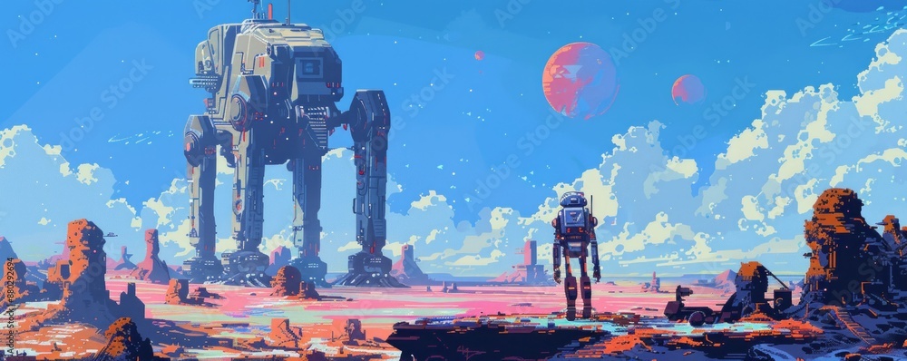 Poster a pixel art depiction of a pixelated robot exploring a pixelated alien world.