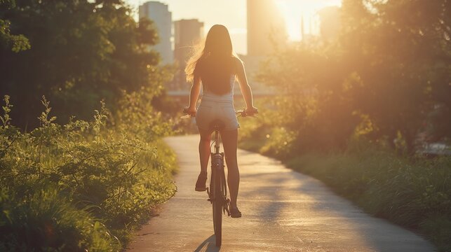 Teenage girl riding a bicycle on a path through a park at sunset