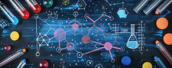 molecules and periodic table in laboratory flat design top view scientific exploration theme cartoon drawing colored pastel
