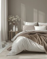 A modern bedroom with earth tone bedding, highlighting the elegance and simplicity of the design, ample copy space, no text,