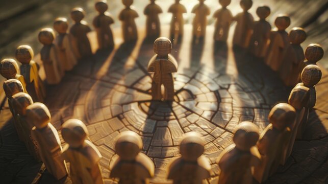 A group of wooden figures standing in a circular formation, great for fantasy or cultural scenes