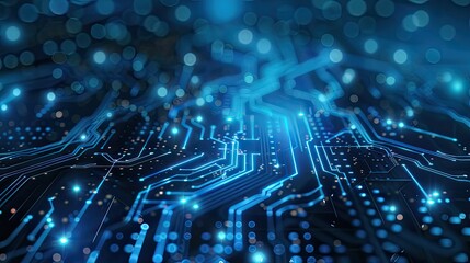 High-tech circuit board design in blue, ideal for technology presentations.