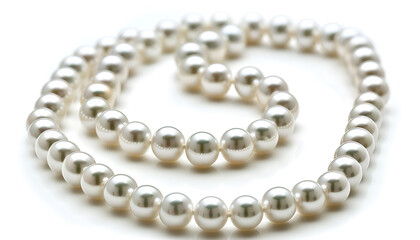 Elegant pearl necklace isolated on white, top view