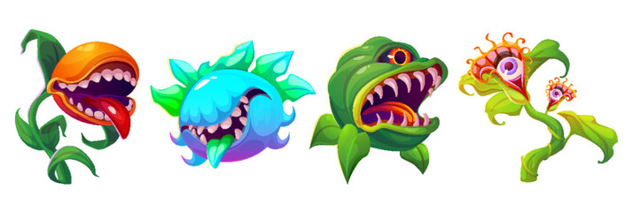 Scary monster plants with fantasy flower head with eyes, mouth and teeth. Creepy alien carnivorous dangerous creatures with trap. Cartoon vector illustration set of horrible predatory characters.