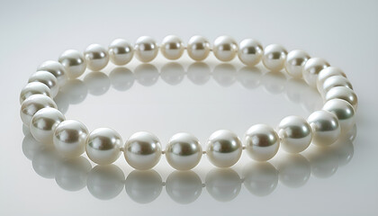 Elegant pearl necklace isolated on white, top view